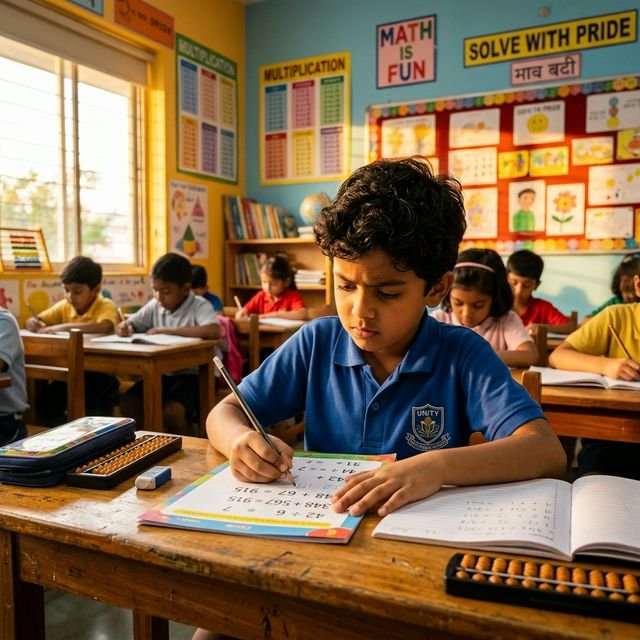 Focused child solving math